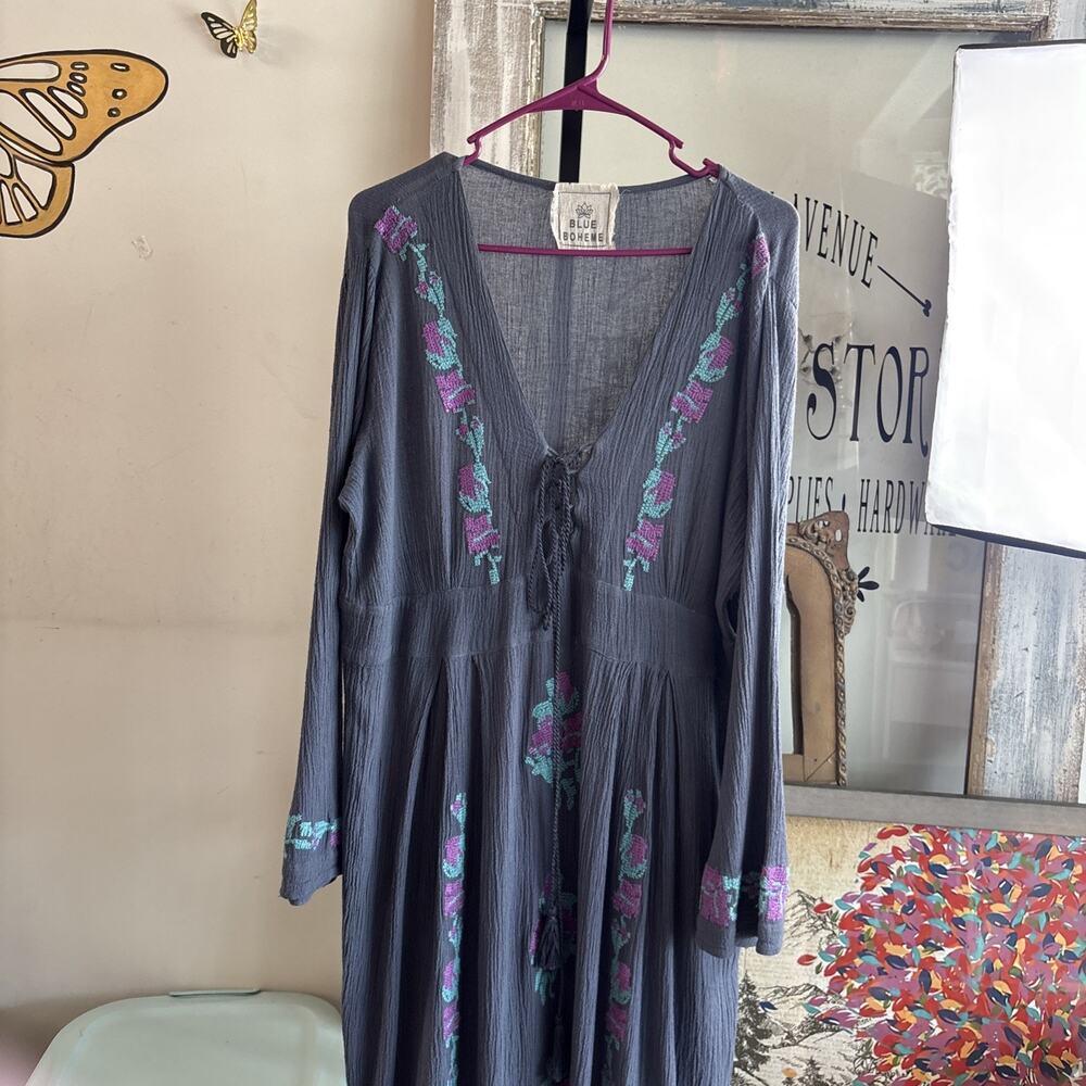 Thea Embroidered Grey/turquoise Maxi Dress Long Sleeve Size M/L